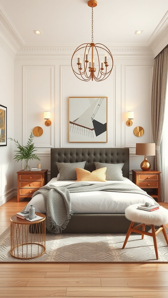 A stylish bedroom with metallic accents, featuring a chandelier, wall sconces, and wooden furniture.