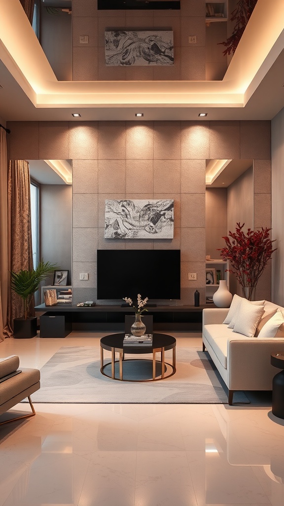 Stylish living room with metallic finish accent wall and modern furniture