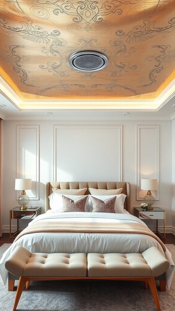 A beautifully designed bedroom featuring a metallic gold ceiling with an elegant design, complemented by soft bedding and stylish nightstands.