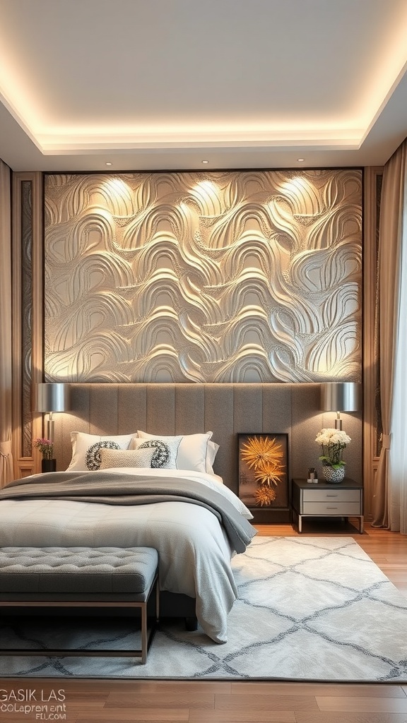 A stylish bedroom featuring a 3D metallic wall panel, soft bedding, and elegant lighting.