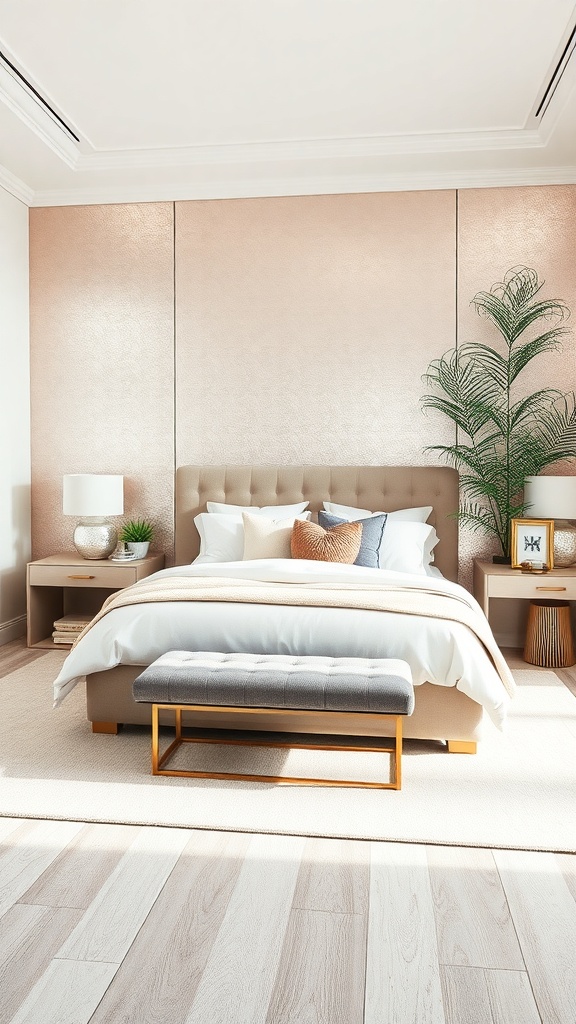A stylish bedroom featuring rose gold metallic wall finishes, a neutral bed frame, and decorative pillows.