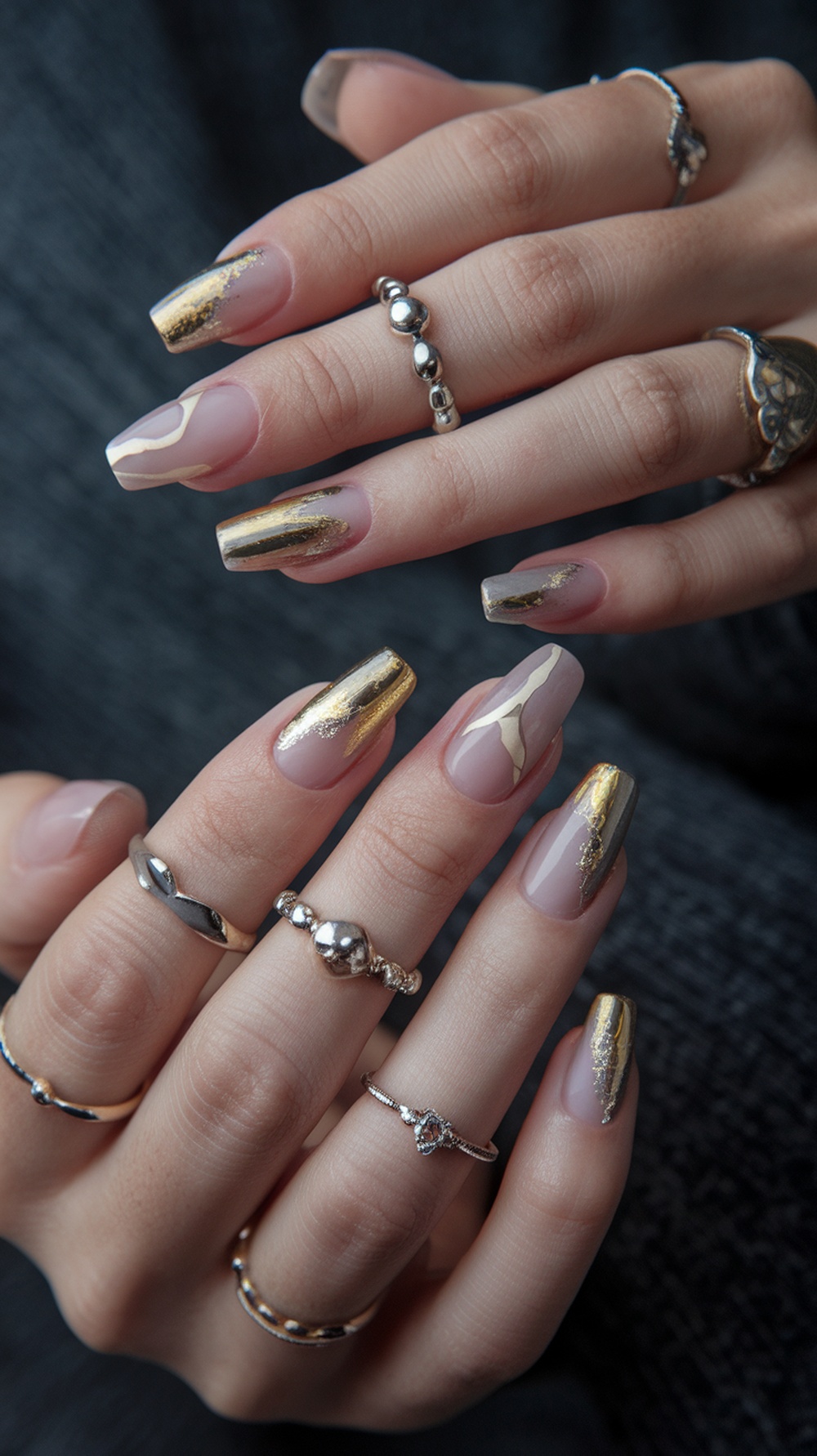 Close-up of hands with metallic foil nail design and rings
