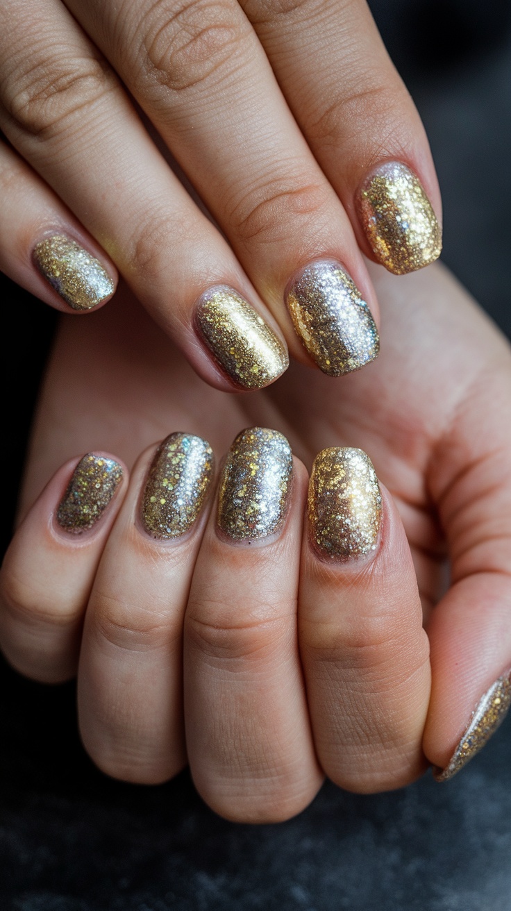 A hand showing metallic glitter nails in gold and silver tones, adorned with rings.