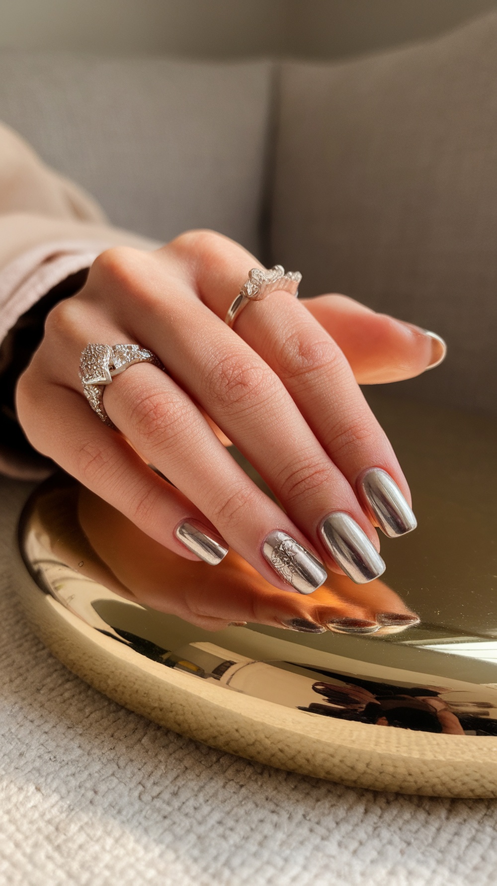 A hand with metallic silver nails and rings resting on a reflective surface.