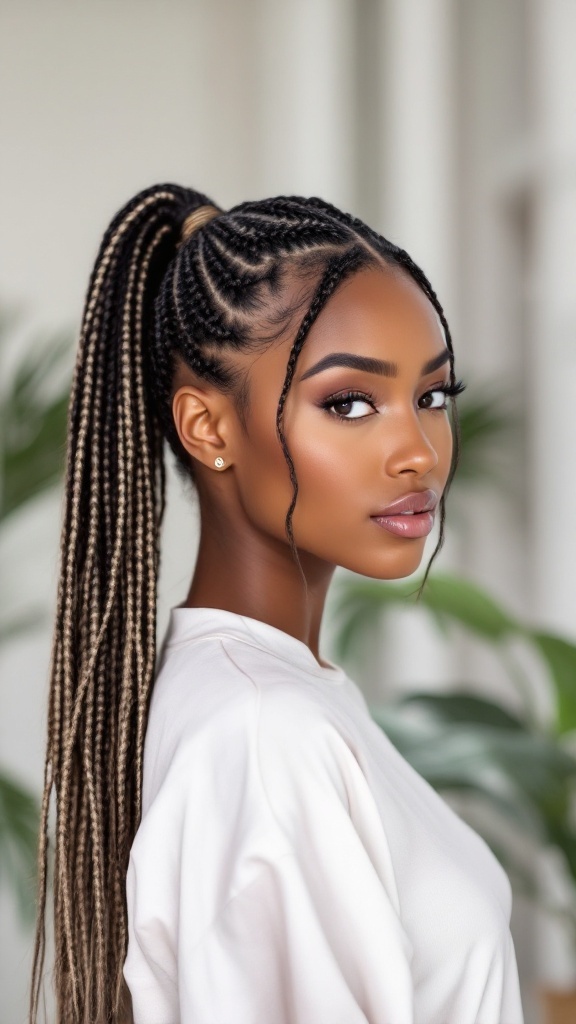 A woman with a micro braid ponytail, showcasing neat, tiny braids and a sleek, flowing look.