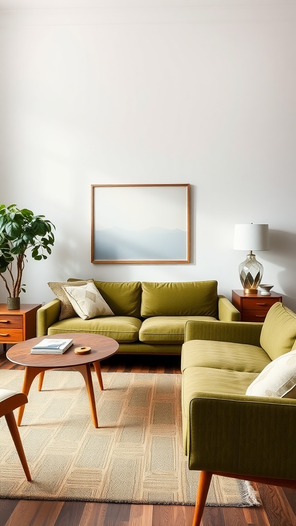 A stylish living room featuring an olive green couch, round wooden coffee table, and warm wooden accents.