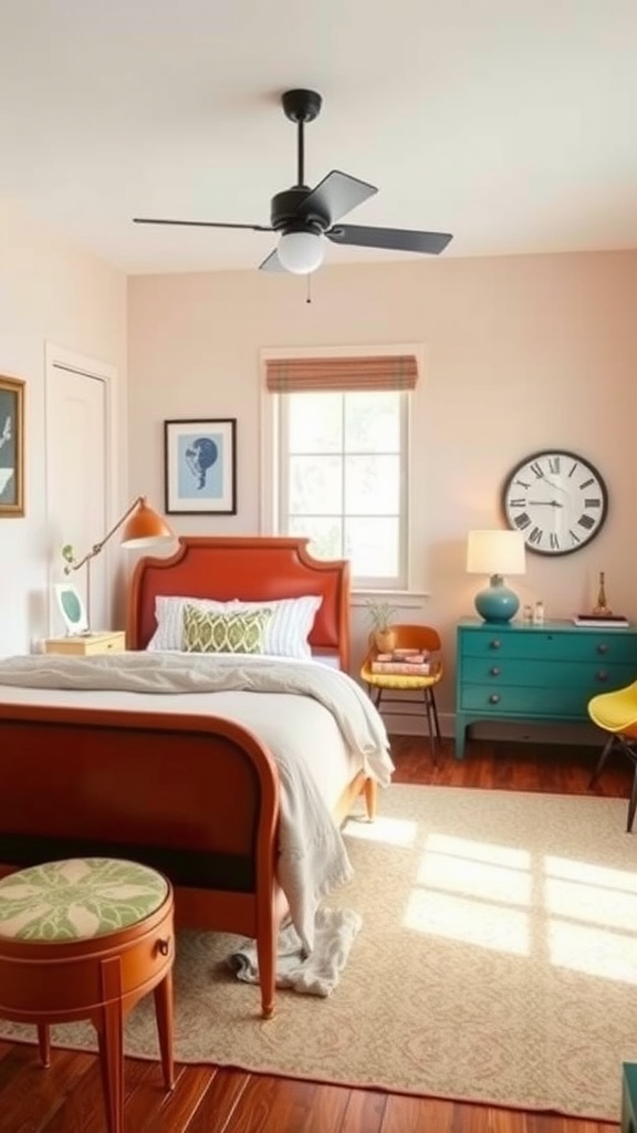 A cozy mid-century modern bedroom featuring an orange bed, teal dresser, and colorful accents.