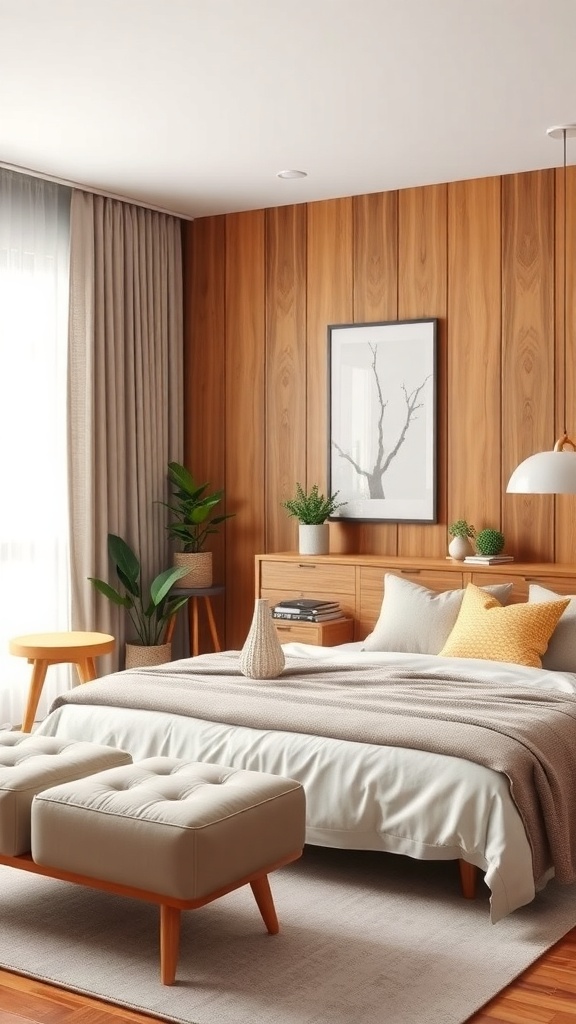 Aesthetic mid-century modern bedroom with wooden paneling, neutral bedding, and stylish furniture.