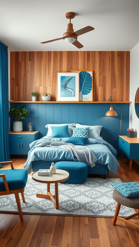 A mid-century modern blue bedroom featuring a bed with blue pillows, wooden accents, and stylish furniture.