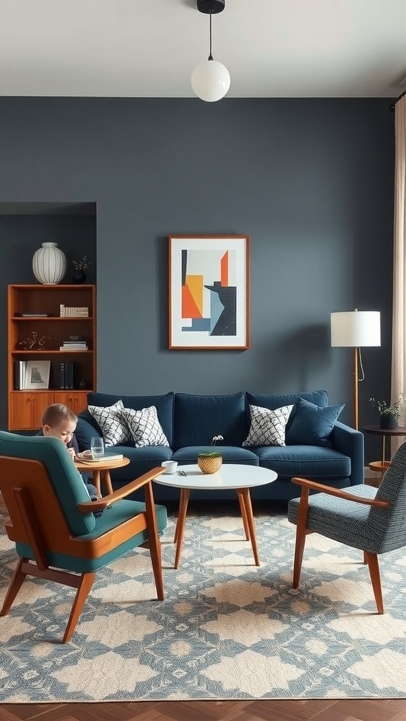 A cozy living room featuring a navy blue sofa, mid-century modern accent chairs, a round coffee table, and colorful artwork on the wall.