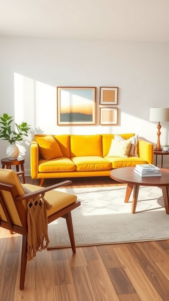 A bright mustard sofa in a mid-century modern living room with wooden furniture and natural light.