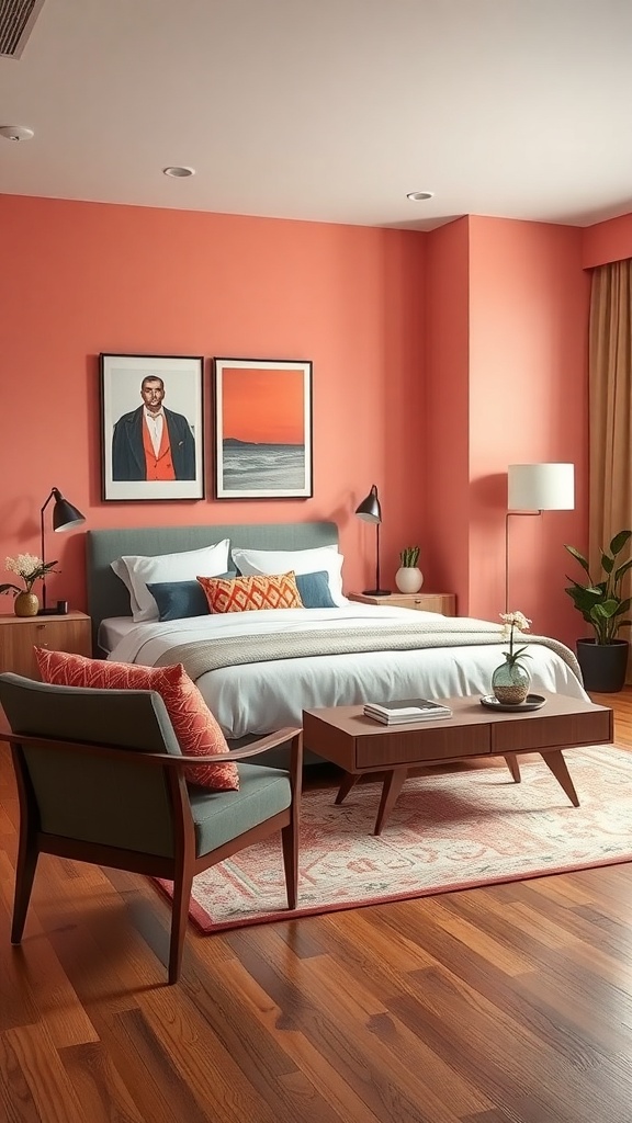 A mid-century modern living room with coral walls, stylish furniture, and artwork.