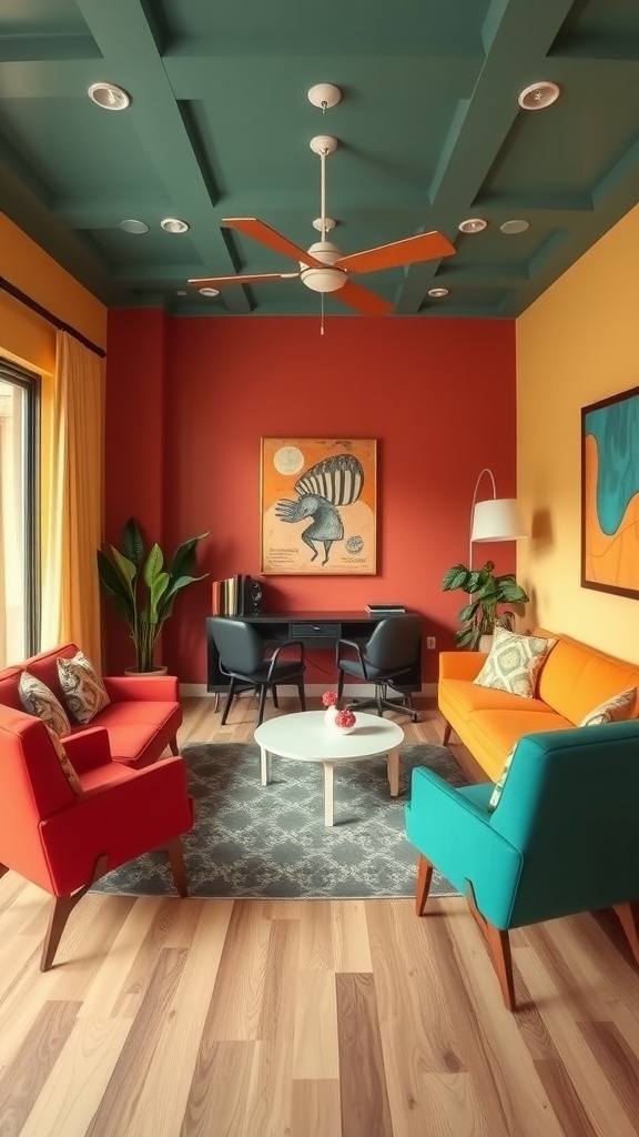 A vibrant mid-century modern living room featuring colorful furniture and a stylish design.