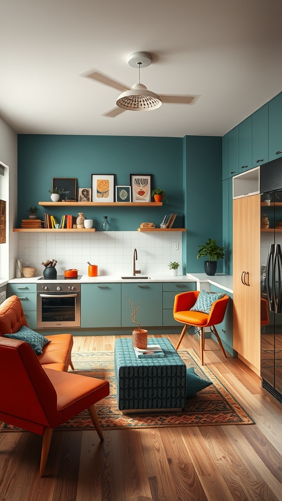 A mid-century modern kitchen featuring teal cabinetry, orange furniture, and decorative elements.