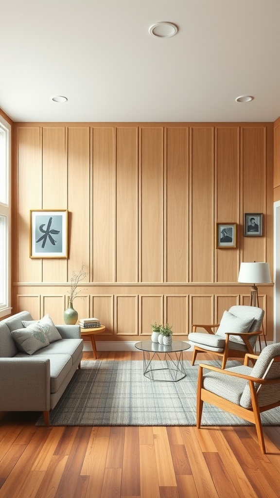 A living room with mid-century modern paneling, featuring light wood walls, a grey sofa, and wooden accent furniture.