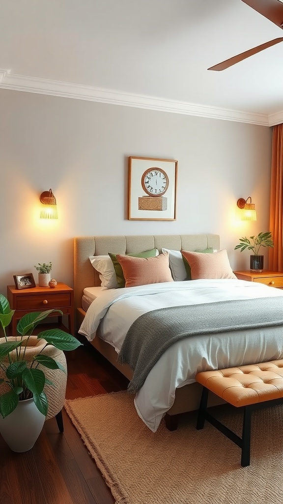 A cozy bedroom featuring mid-century modern sconces with warm lighting.