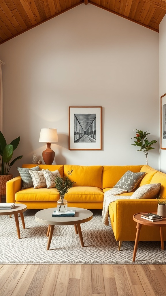 A cozy living room featuring a yellow couch, wooden ceiling, and stylish decor.