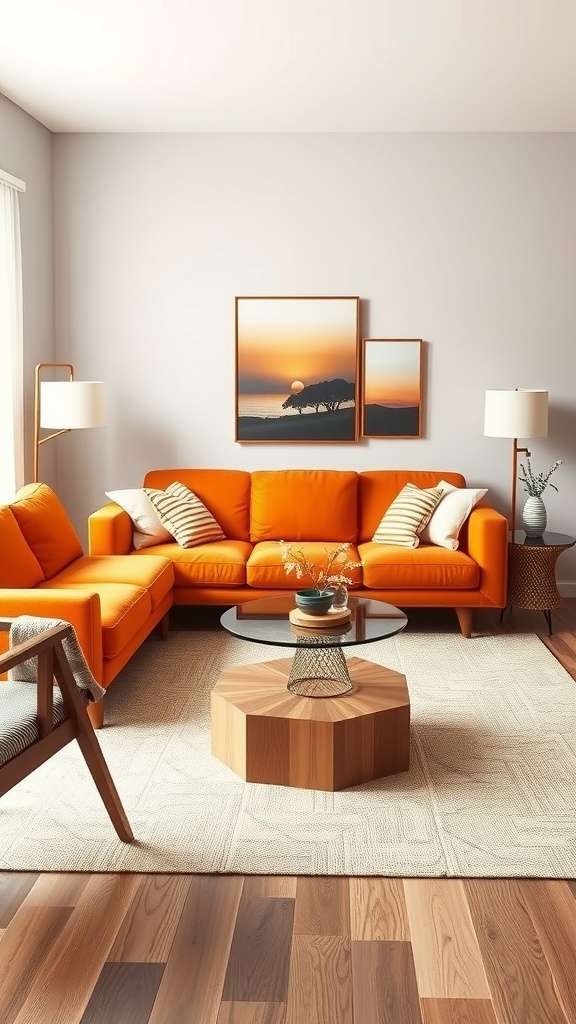 A stylish living room featuring an orange sofa, wooden coffee table, and mid-century modern decor.