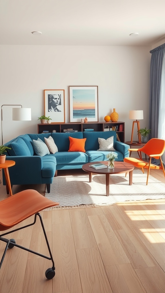 A mid-century modern living room featuring a blue sofa, orange accents, and a wooden coffee table.