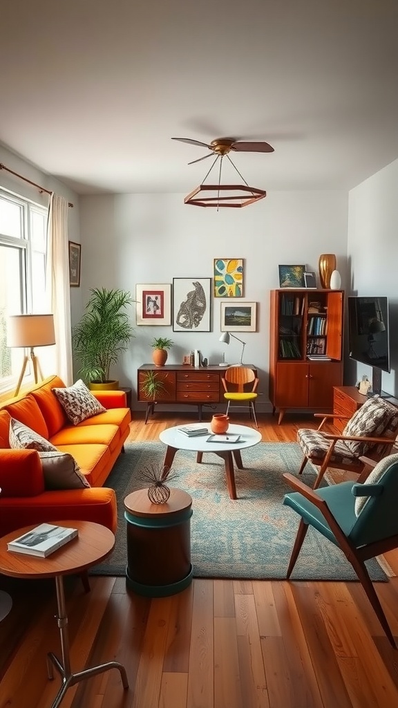 Cozy living room featuring a vibrant orange sofa, mid-century modern furniture, and natural light