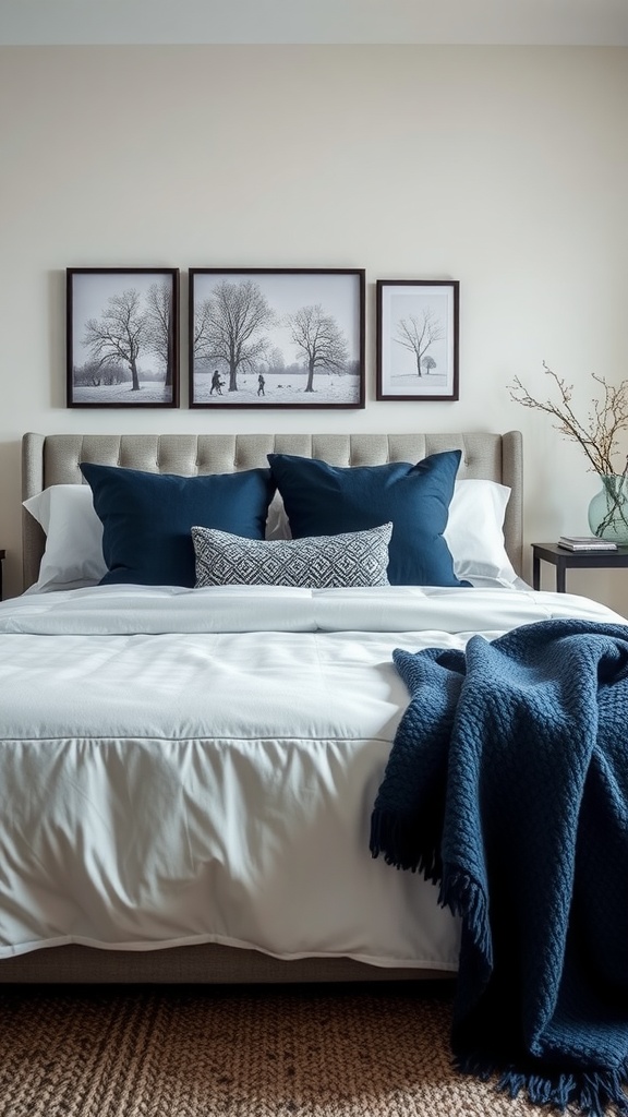 A cozy winter bedroom featuring midnight blue accents, plush pillows, white bedding, and framed winter-themed artwork.