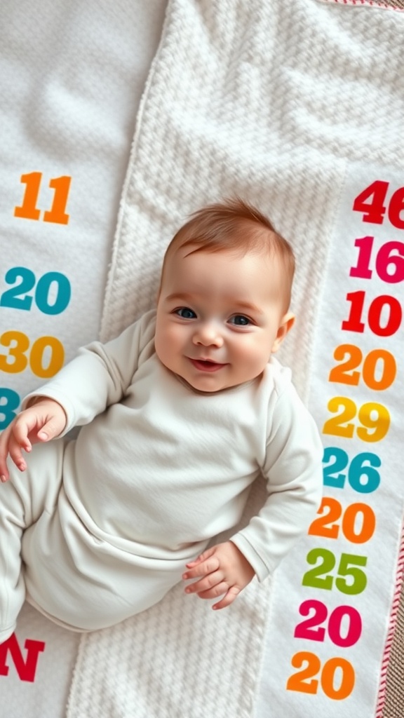A happy baby lying on a colorful milestone blanket with numbers, smiling at the camera