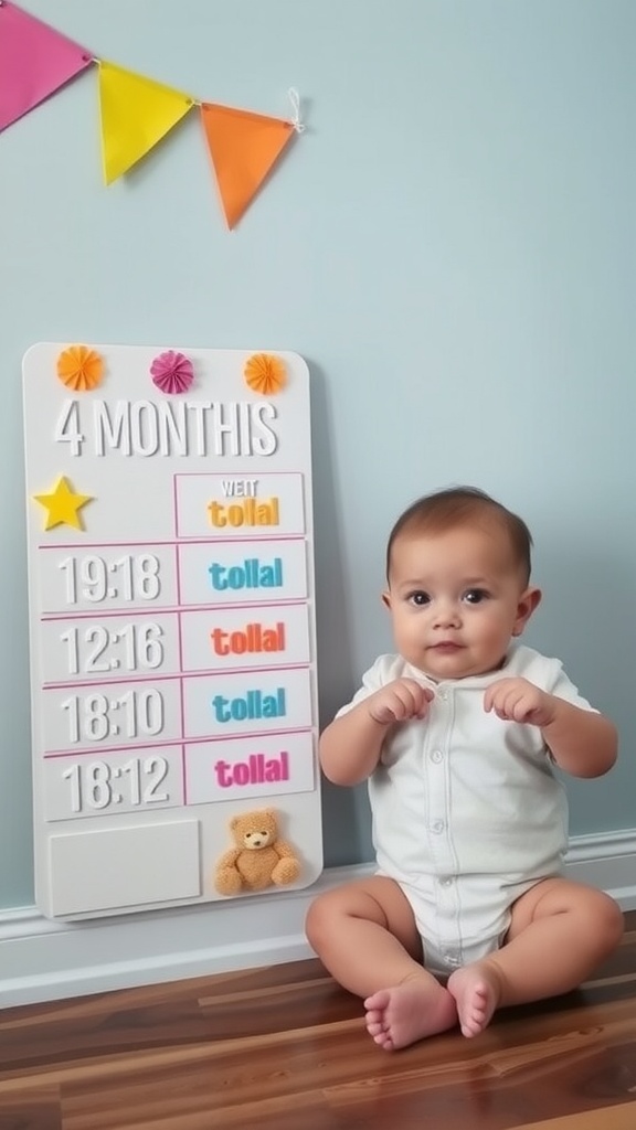 A 4-month-old baby sitting next to a milestone board displaying age and details