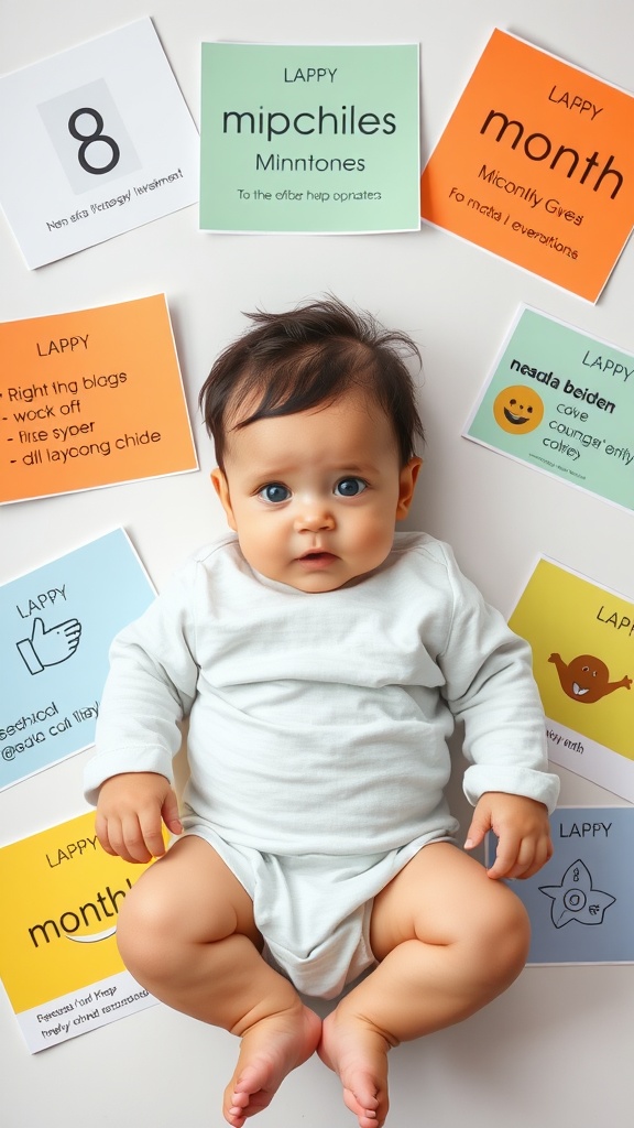 An eight-month-old baby surrounded by milestone cards representing their age and developments.