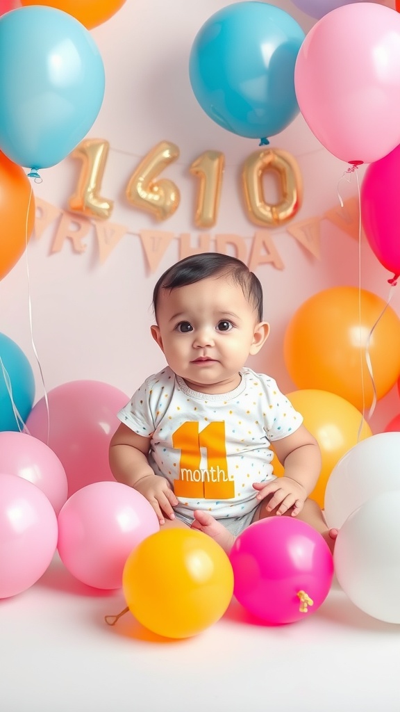 A baby sitting among colorful balloons, celebrating their 11-month milestone.
