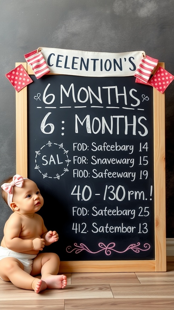A baby sitting beside a chalkboard displaying milestone information for 6 months.