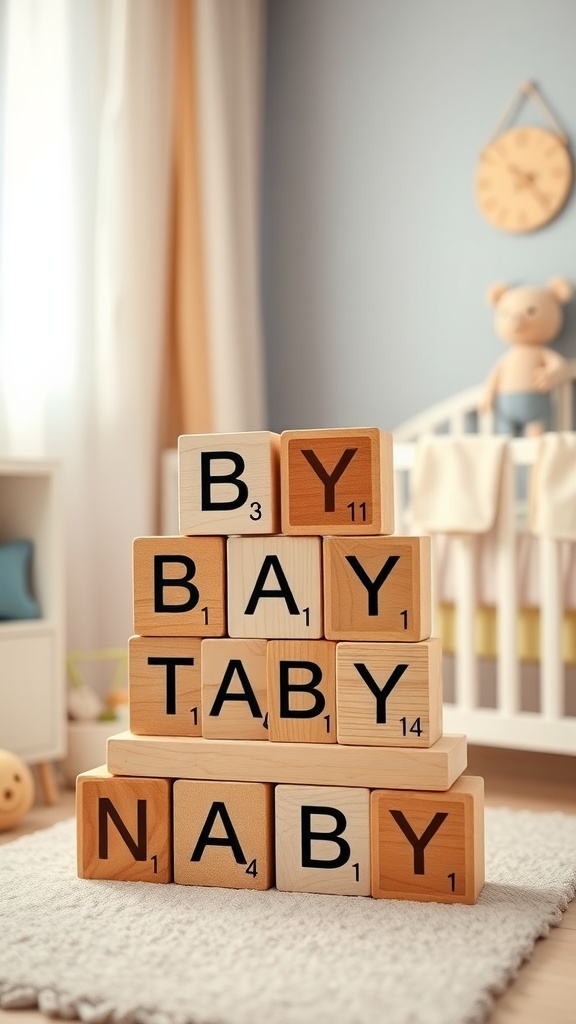 Stacked wooden blocks spelling out the word 'BABY' in a nursery setting
