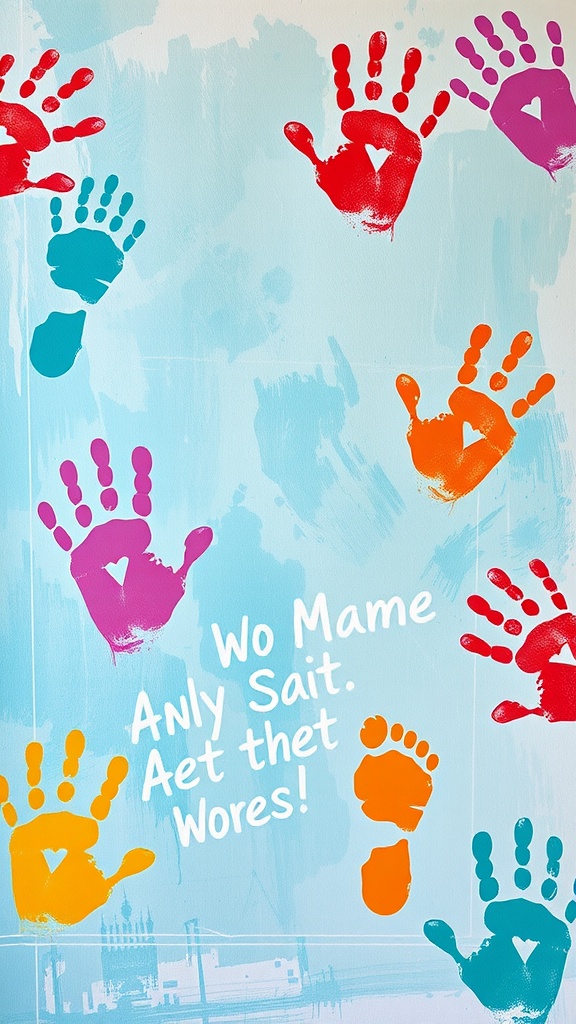 Colorful handprints and footprints on a blue background