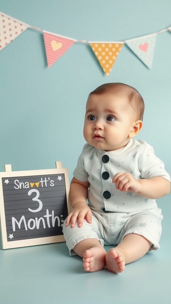 A baby sitting next to a chalkboard sign that reads 'Snawht's 3 Months' with colorful bunting in the background.