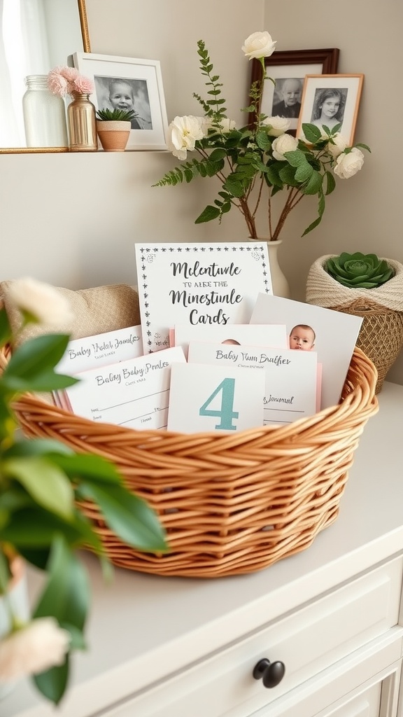 A woven basket containing baby milestone cards, with a decorative sign and surrounding plants and photos.