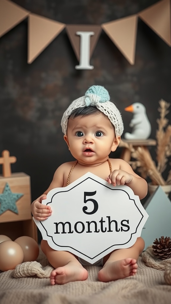 A baby holding a sign that says '5 months' with a festive background.