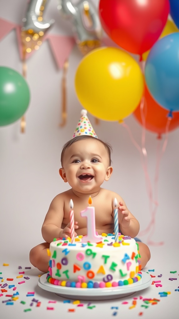 A joyful baby celebrating their first birthday with a colorful cake, balloons, and a party hat.