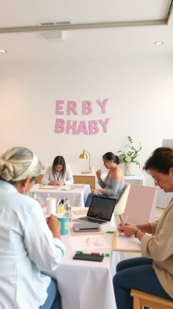 Guests engaged in mindful activities at a baby shower