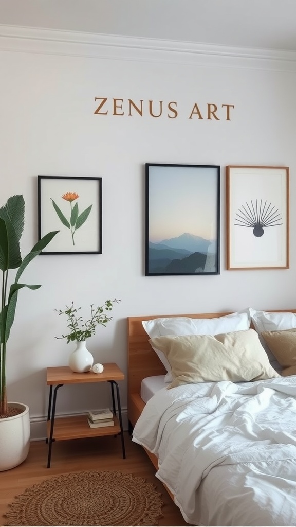 Zen bedroom with framed art, soft bedding, and natural elements.