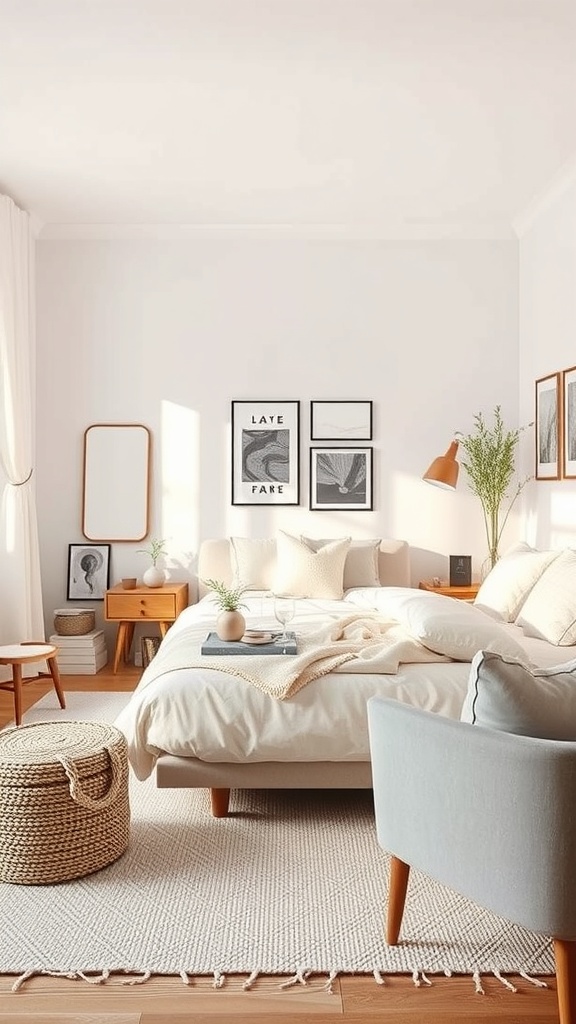 A minimalist bedroom featuring a bed with light bedding, framed art on the wall, and a cozy atmosphere.