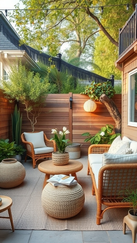 A cozy backyard relaxation area with wicker chairs, a round table, and lush greenery.