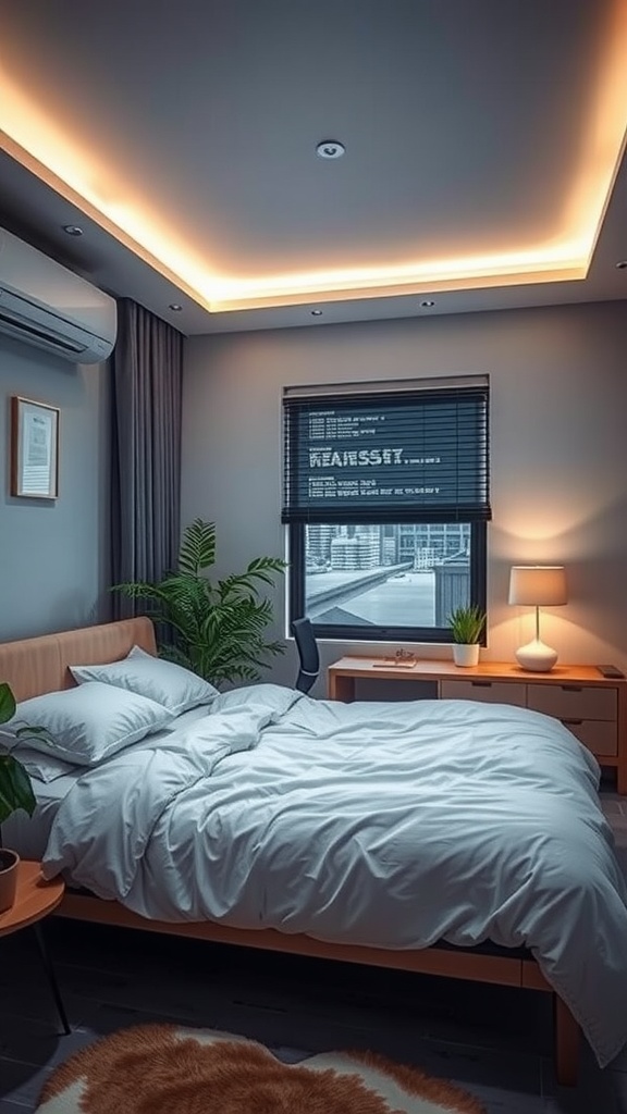 A calm bedroom featuring soft lighting, a cozy bed, and a minimalist workspace