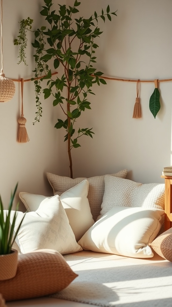 A cozy Montessori toddler room featuring soft pillows, plants, and a calming atmosphere.
