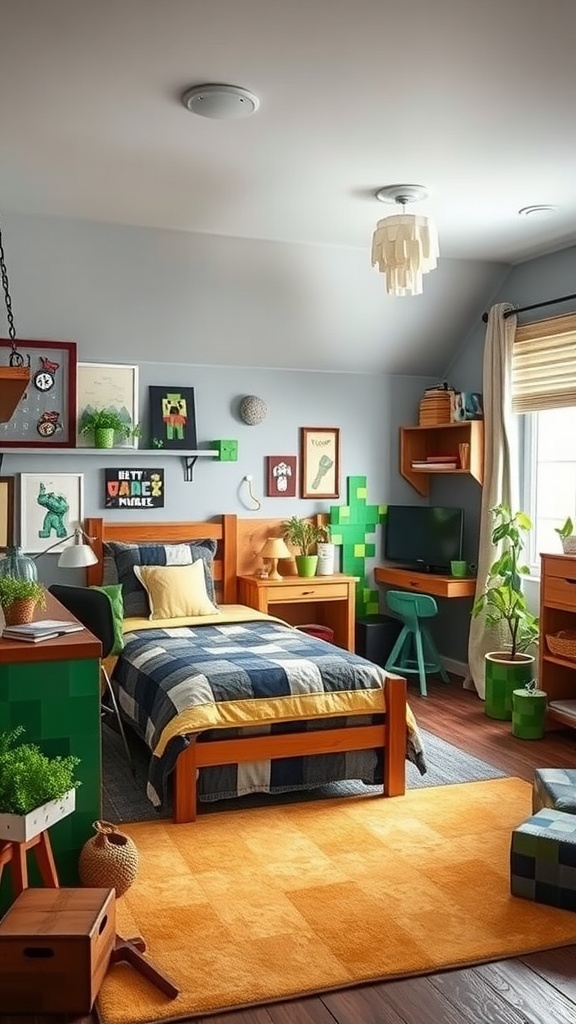 A Minecraft-themed boys bedroom featuring a cozy bed, colorful decor, and playful elements.