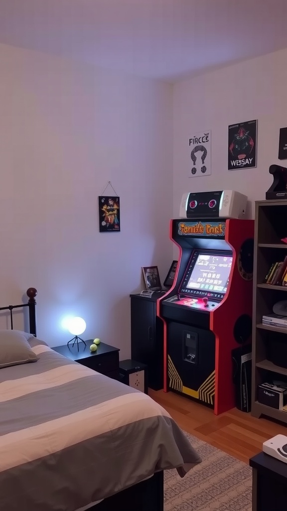 A cozy bedroom corner featuring a red arcade machine, bed, and stylish decor.