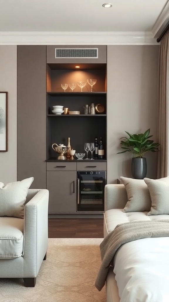 A stylish mini bar in a living room alcove with glassware, a wine cooler, and decorative items.