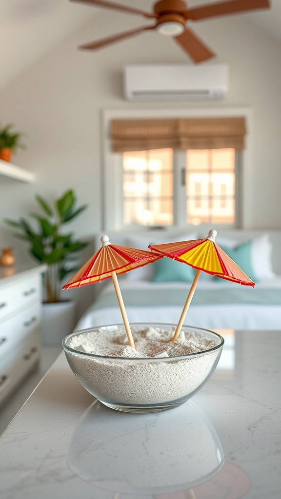 A glass bowl filled with sand and two mini beach umbrellas, set on a kitchen island.