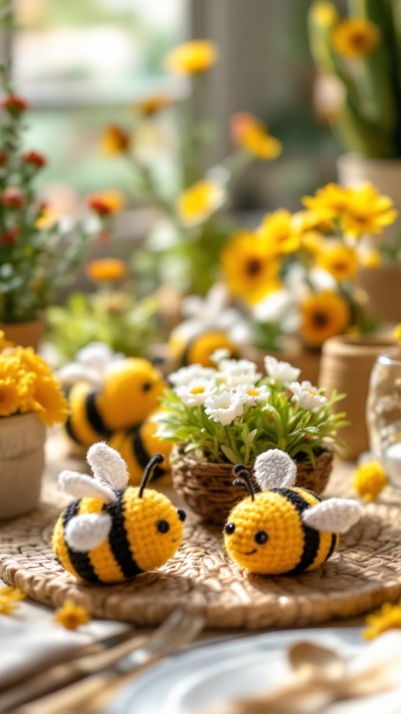Mini crochet bees surrounded by flowers on a rustic table
