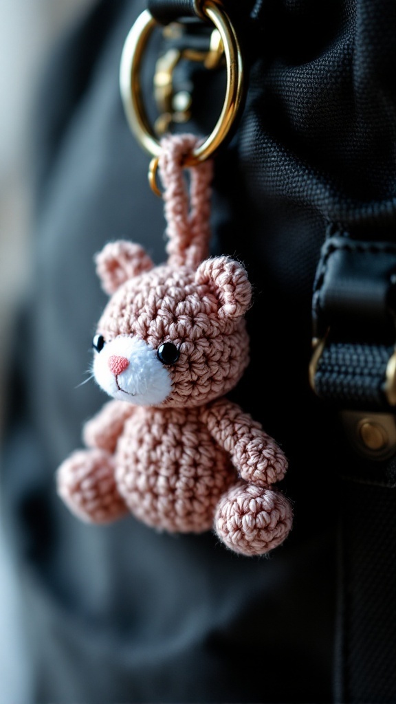 A small crochet bear keychain attached to a bag