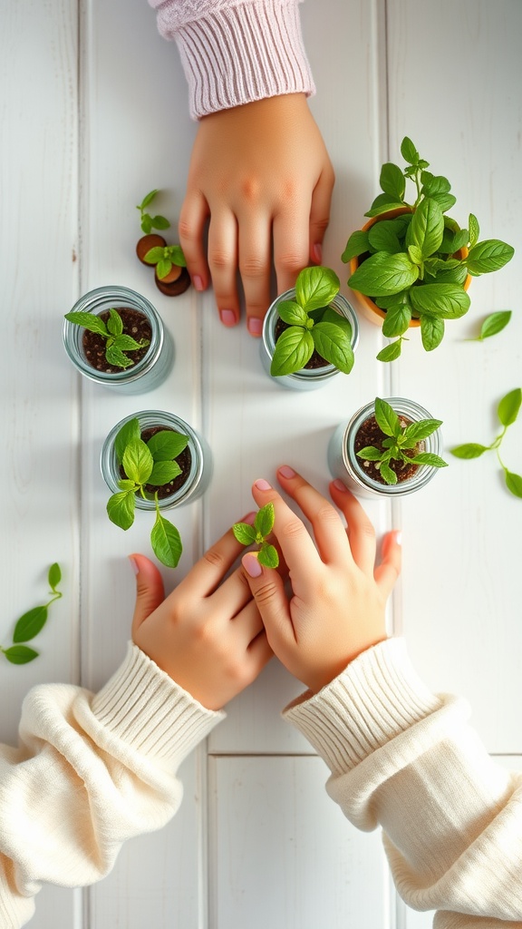 Children tending to mini garden planters in mason jars with small plants.