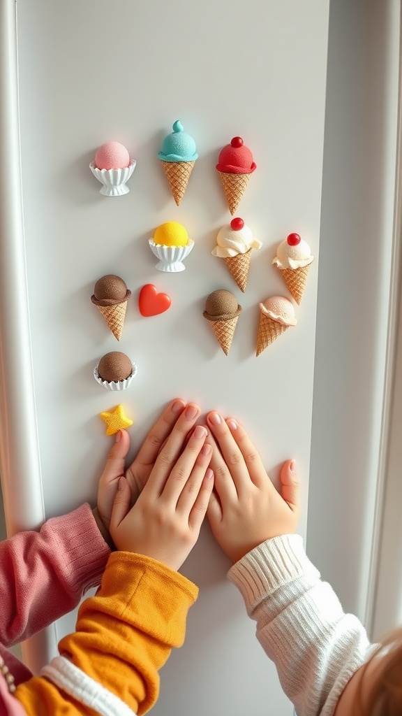 Colorful mini ice cream bowl magnets on a fridge with children's hands reaching for them